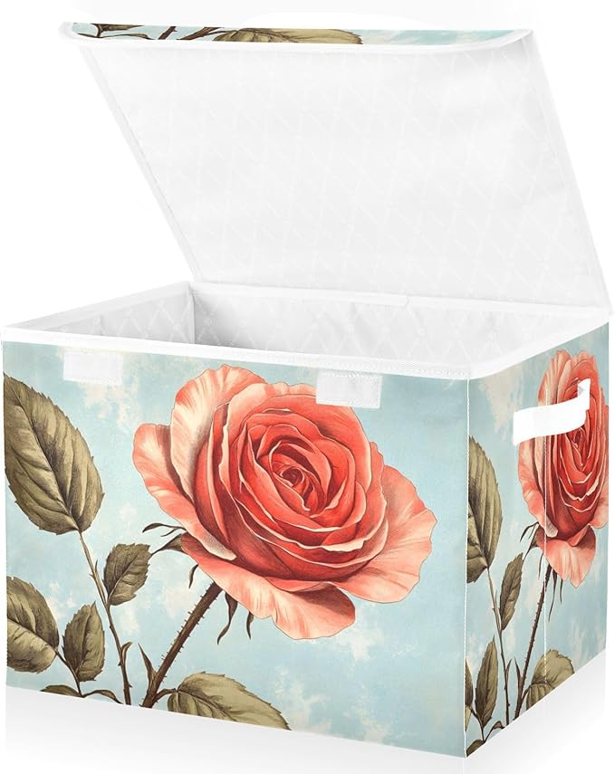 AIXIWAWA Lidded Storage Cube (Vintage Flower) Fabric Foldable Closet Bins with Flip Lid and Handles Organizer Basket Container 16.5 x 12.6 x 11.8 IN