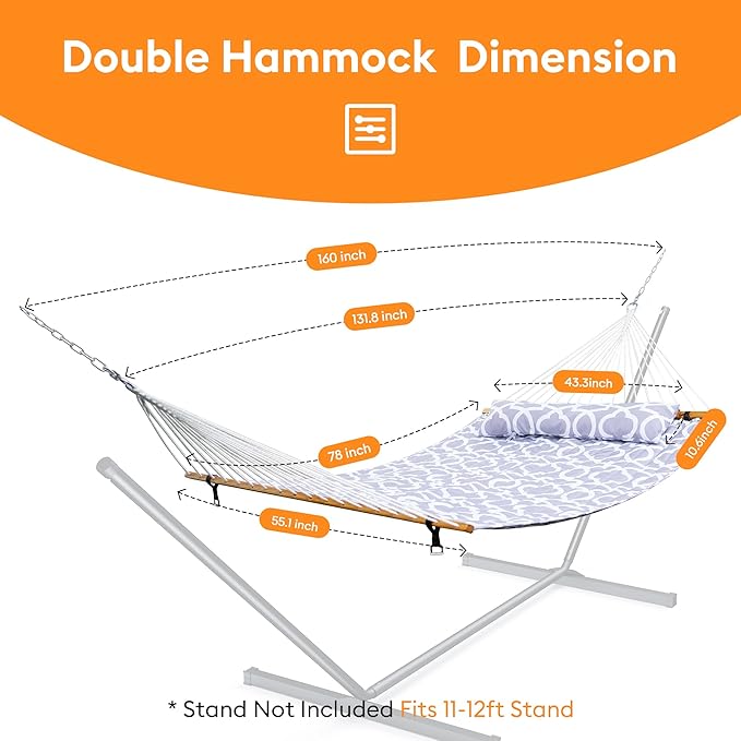Everyfun Double Hammock with Spreader BarSoft PillowMax Load 500lbsPortable Hammock for OutdoorCampingand BackyardWhite Gray