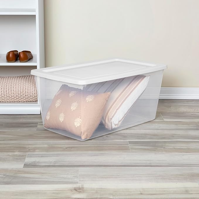 Sterilite 16 Pack Storage Box 90 Quart Stackable Tote Clear Plastic Container with Secure Snapping Lids for Home and Office Organization White