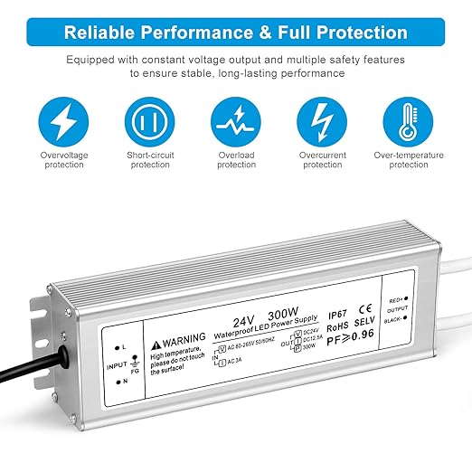 24V 300W LED Power Supply IP67 Waterproof LED Driver AC 110V to DC 24 Volt 12.5A Low Voltage Transformer Converter for Outdoor LED Strip &amp Landscape Lighting 3-Prong Plug with 3.3FT Cable