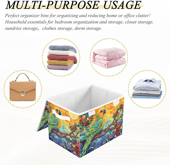Fantastic Parrot Storage Cube Bins Basket with Lid Collapsible Flip-top Fabric with Handle for Home Bedroom Closet Office 16.5×12.6×11.8 in