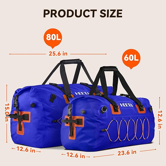 HEETA Waterproof Duffel Bag Motorcycle Dry Bag Backpack 60L/80L Extra Large Rolltop Travel Duffle Bags with Straps &amp Handles for Kayaking Rafting Boating Canoeing Camping Gym Beach Cruise Ship