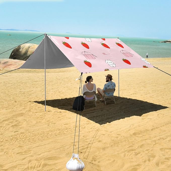 xigua Strawberry Beach Tent Sun Shelter with Carrying Bag - Silver Coated Oxford Fabric Beach Canopy for Beach Camping Fishing - Includes Windproof Ropes Sandbags &amp Stakes