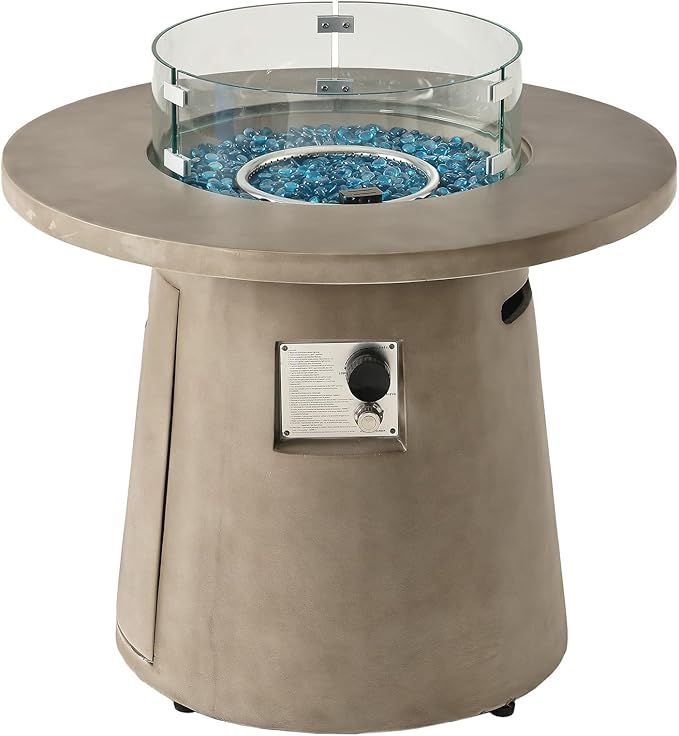 HOMPUS Outdoor Propane Fire Pit 31-inch Round Gray Propane Fire Pit with 10 lbs Aqua Blue Fire Glass 40000 BTU Gas Smokeless Fire Pit Table Patio Concrete Firepit with Rain Cover