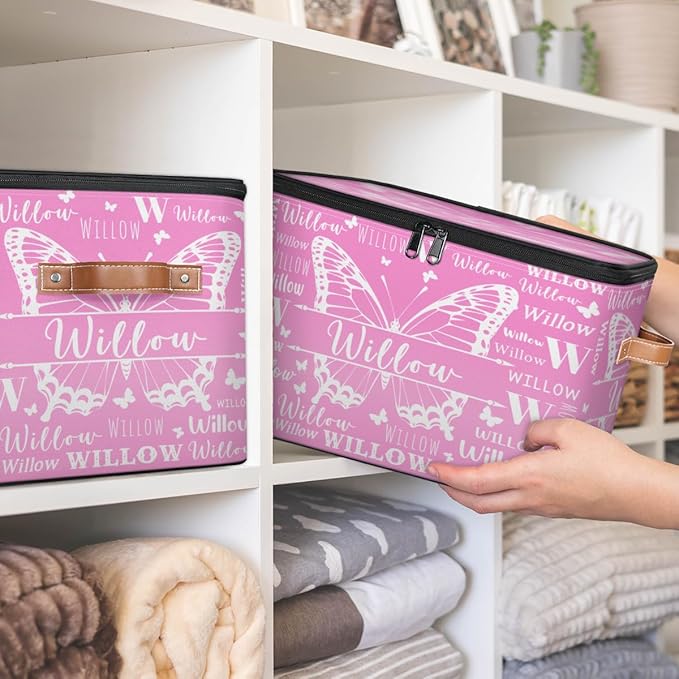 Custom Storage-Box With Name Personalized Butterfly Keepsake Basket with Zipper Lid for Kids Memory Bin Foldable Fabric Large Capacity Containers with Handle