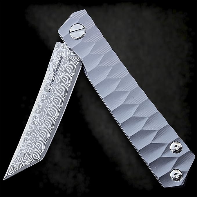 TACTICAL GEARZ Damascus Steel EDC Pocket Folding Knife Solid Tc4 Titanium Handle Includes Sheath (XT Midnight)