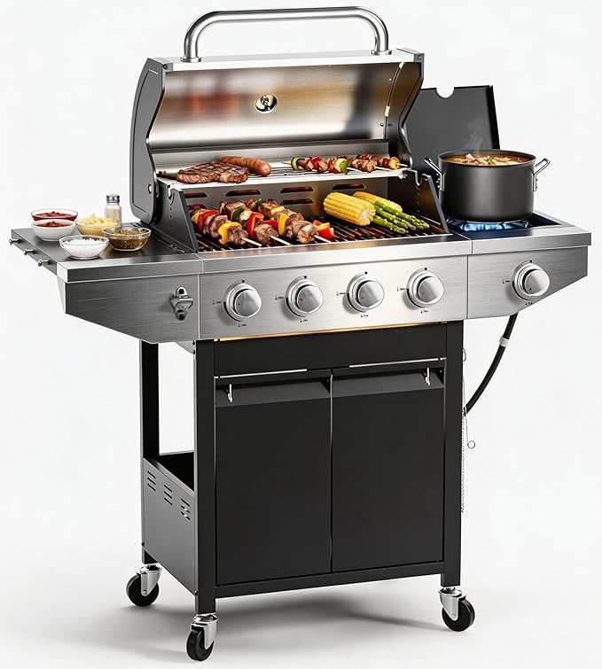 EUHOME 46500 BTU 4-Burner Propane Gas Grill with Side Burner – Stainless Steel Outdoor BBQ with Enameled Cast Iron Grates &amp Foldable Side Tables for Patio Backyard and Outdoor Cooking