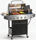 EUHOME 46500 BTU 4-Burner Propane Gas Grill with Side Burner – Stainless Steel Outdoor BBQ with Enameled Cast Iron Grates &amp Foldable Side Tables for Patio Backyard and Outdoor Cooking