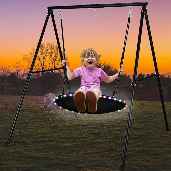 440lbs Swing Set for Backyard with 40 inch LED Saucer Swing and Heavy-Duty A-Frame Metal Stand Swing Set Outdoor for Kids