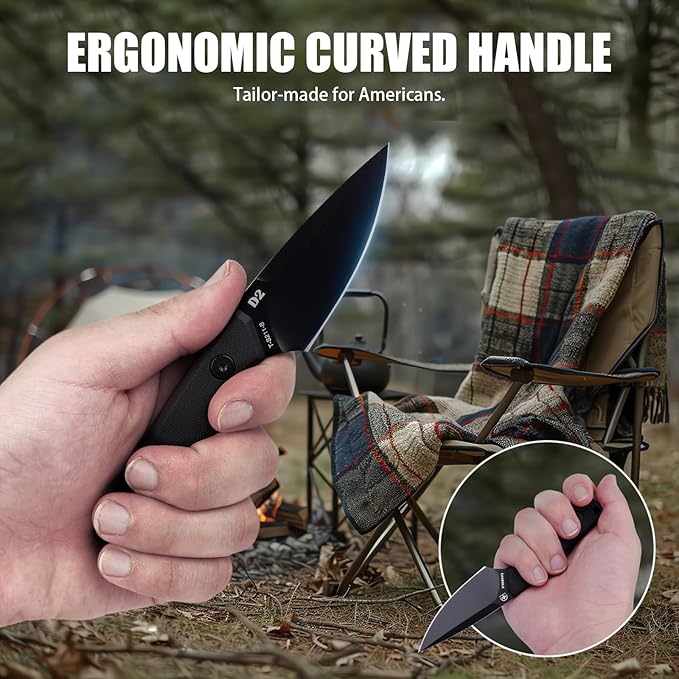 Tactical EDC Fixed Blade Knife with Sheath and clip 2.7 in Blade Small Fixed Knives for Outdoor Camping Survival Bushcraft Camp knife made of D2 steel and G10 Ergonomic handle (Black)