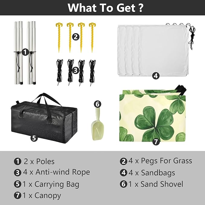 St Patrick Clovers Green Beach Tent Sun Shelter Set UPF50+ UV Protection 10.5 x 9.19 FT Camping Shade Canopy with Sandbags Sand Anchors Carrying Bag and Others