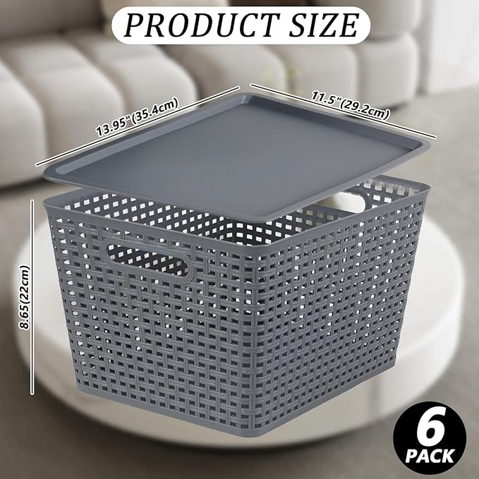 6 Pack Plastic Storage Bins with Lids Stackable Storage Baskets with Handles Large Organizer Bins for Desk Shelves Office Plastic Container Bins for Pantry Organizers and Storage Grey