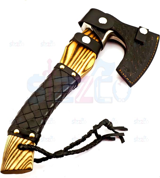 Custom Forged Carbon Steel Viking Style Bearded Axe - Real Hatchet Throwing &amp Camping Axe with Leather Wrap Best Gift for Anniversary Valentine's Day Birthday with Premium Leather Sheath