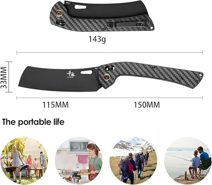 SENBON foldable chef's knife AUS-8 stainless steel with black titanium plating carbon fiber handle with back clip portable outdoor folding fruit knife