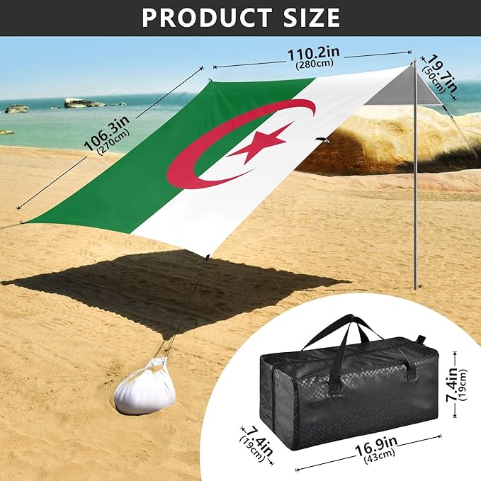 Peoples Democratic Republic Algeria Flag Beach Canopy UPF50+ Easy Setup Portable Sun Shelter with Carrying Bag for Family Trips Picnics &amp Camping
