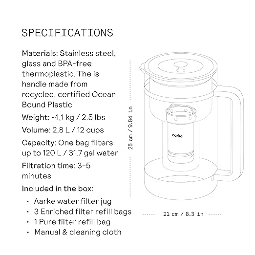 Aarke Purifier Large Glass Pitcher Bundle w/Steel Filter BPA-Free 3 Enriched + 1 Pure Granules 2.8L Pitcher with 1.66L Filtration Capacity