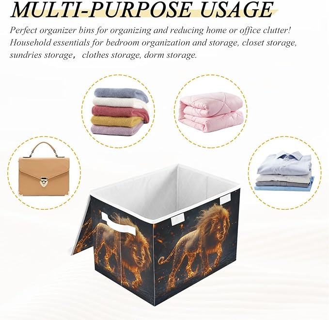 AIXIWAWA Lidded Storage Cube (Lion with Flame) Fabric Foldable Closet Bins with Flip Lid and Handles Organizer Basket Container 16.5 x 12.6 x 11.8 IN
