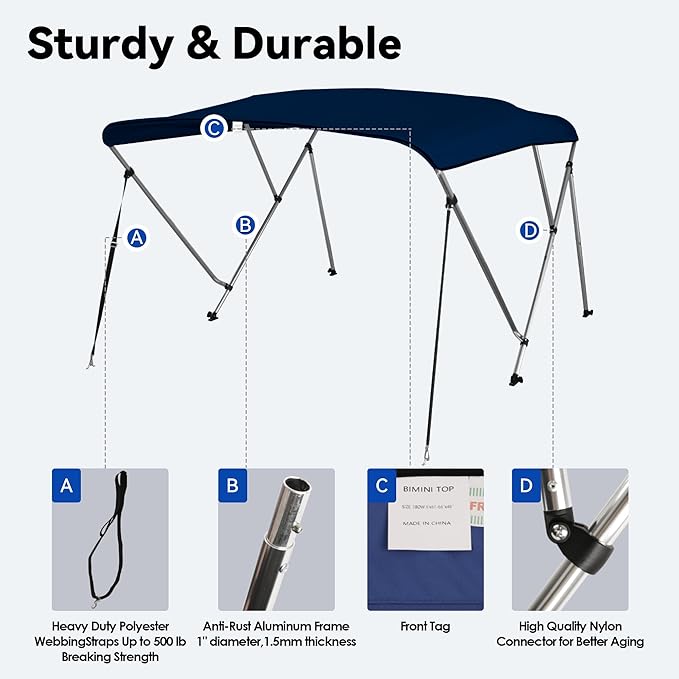 Deckpro 3-4 Bow Boat Bimini Tops 600D Solution Dyed Polyester Marine Grade Canvas with 1 Aluminum Frame Boat Canopy Includes Storage Boot 2 Support Poles 2 Straps