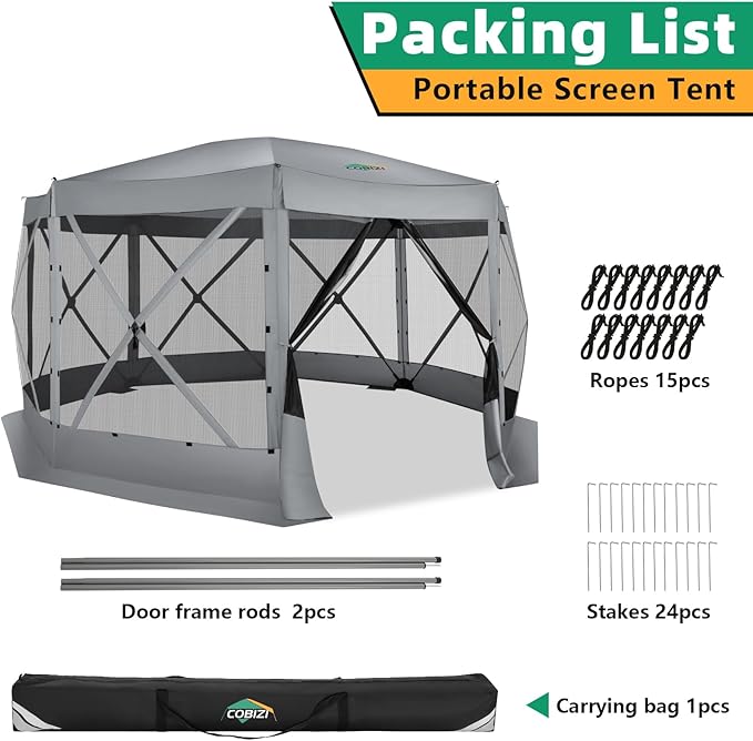 COBIZI Pop Up Gazebo Screen Tent Screen House for Camping 15x15 Screen Room with Mosquito Netting Hub Tent Instant Screened Canopy with Carrying Bag and Ground Stakes Gray