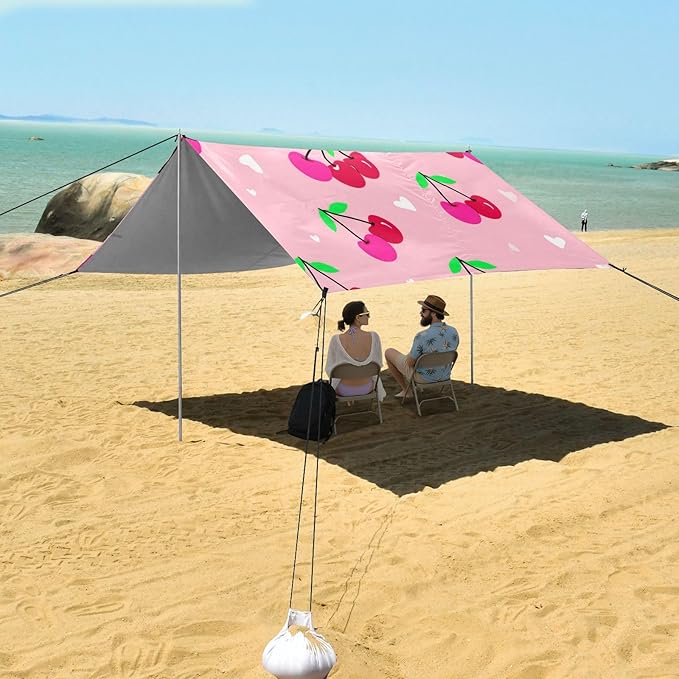 xigua Cherry Beach Tent Sun Shelter with Carrying Bag - Silver Coated Oxford Fabric Beach Canopy for Beach Camping Fishing - Includes Windproof Ropes Sandbags &amp Stakes