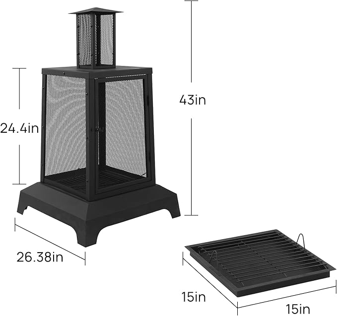 Walsport Chiminea Outdoor Fireplace 43 Inch Wood Burning Fire Pit with Grill Grate and Spark Screen Cover Outdoor Fire Pit for Patio Backyard Deck Porch and Camping Black
