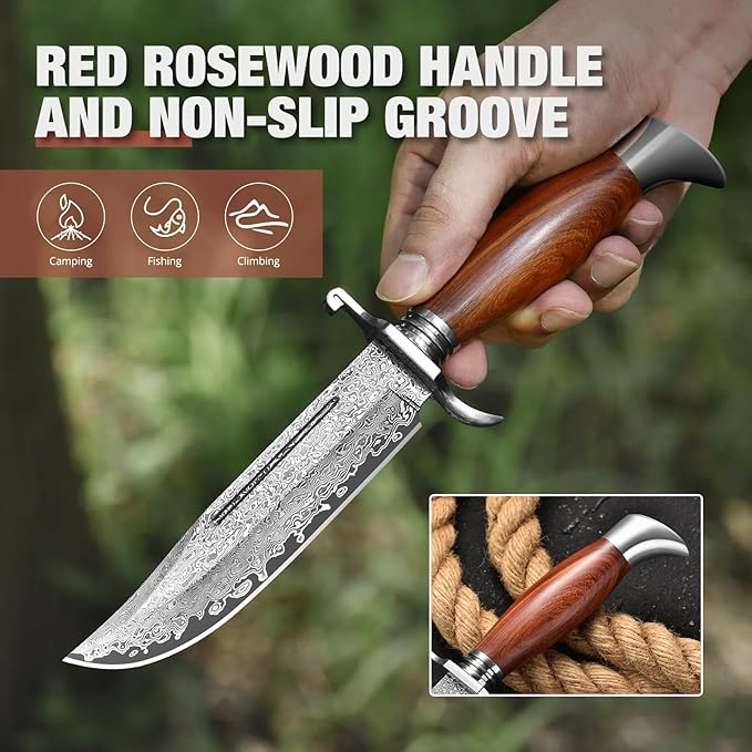 DRACHENADER 10.5 Inch Bowie Knife with Sheath Outdoor Hunting Survival Bushcraft Fixed Blade Knife (C-Japanese Type-Damascus Blade)
