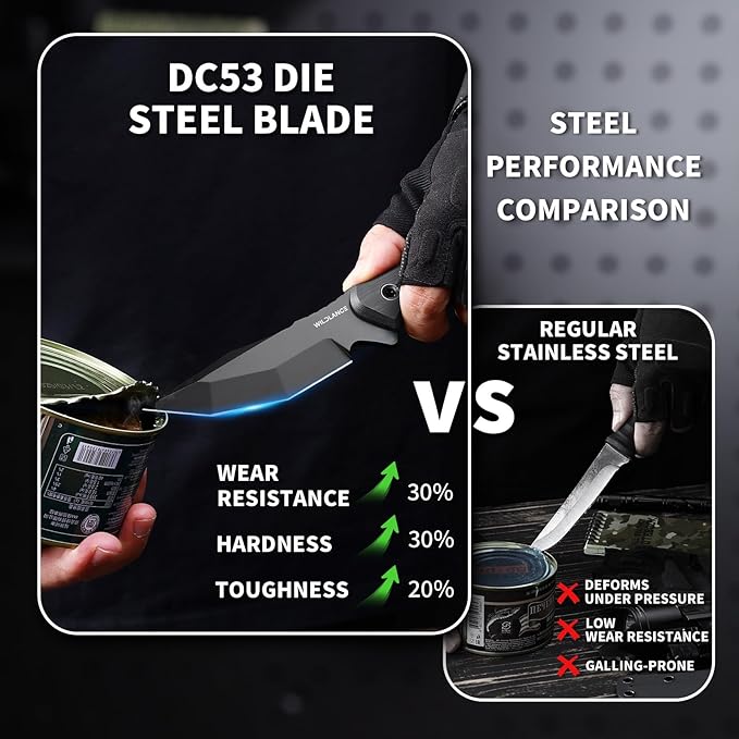 Camping Knife Full Tang 9.8 Hunting Knife with Kydex Sheath 4.1 Fixed Blade DC53 Steel Camping Knives for Hiking Survival Outdoor FBK-001