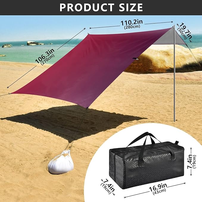 Red Purple Gradient Beach Tent &amp Canopy UPF50+ Protection Water-Resistant Large Sun Shelter with Sandbags Sand Shovel Poles for Camping Fishing Backyard Fun