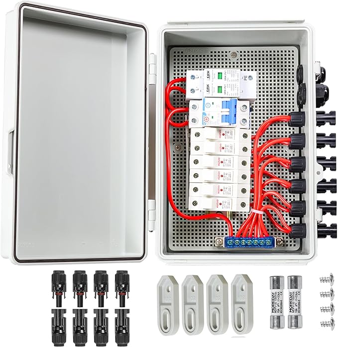 4 String PV Combiner Box with 15A Fuses Surge Protector &amp 63A Breaker IP65 Waterproof for On/Off Grid Solar System Home RV Marine
