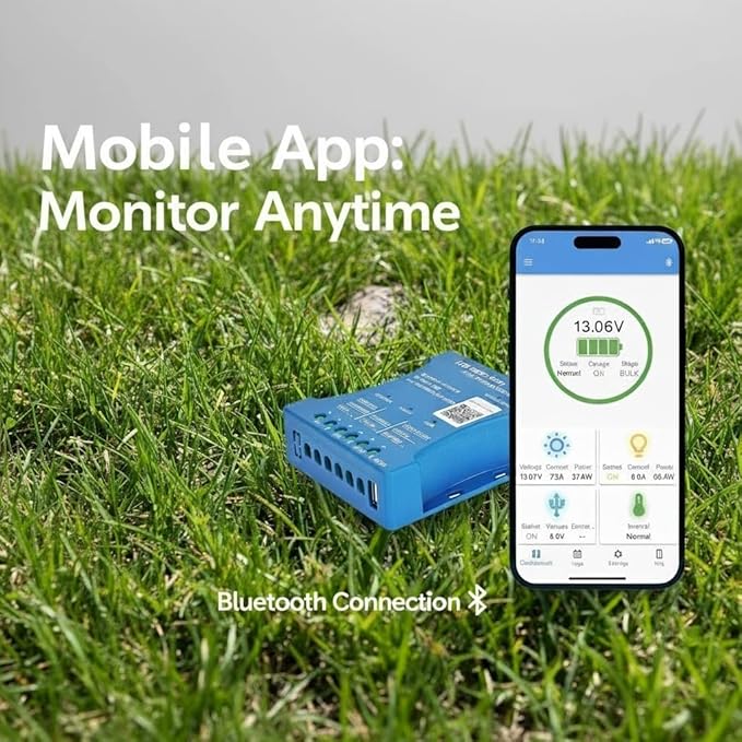 20A Bluetooth Solar Charger Controller 12V/24V Intelligent Regulator Solar Panel Battery Charging Statistics Pwm with USB Port 12V24V Lead-Acid/Lithium Battery