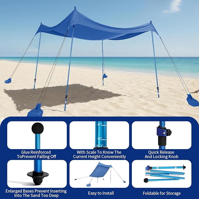 CROWN SHADES 7x7 Beach Tent Sun Shelter Easy Pop Up Beach Canopy Shade Portable Outdoor Carpas UPF50+ Includes 4 Poles Adjustable Aluminium Extra-Large Big Sand Shovel Blue