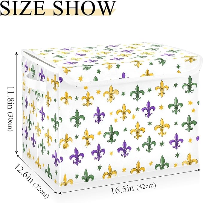 White Fleur De Lis Star Mardi Gras Storage Box with Lid 1 PC Foldable Storage Bin with Lids Stackable Storage Bins Cube Closet Organizer Basket with Flip-Top Lid &amp Handles for Shoes Books Towels