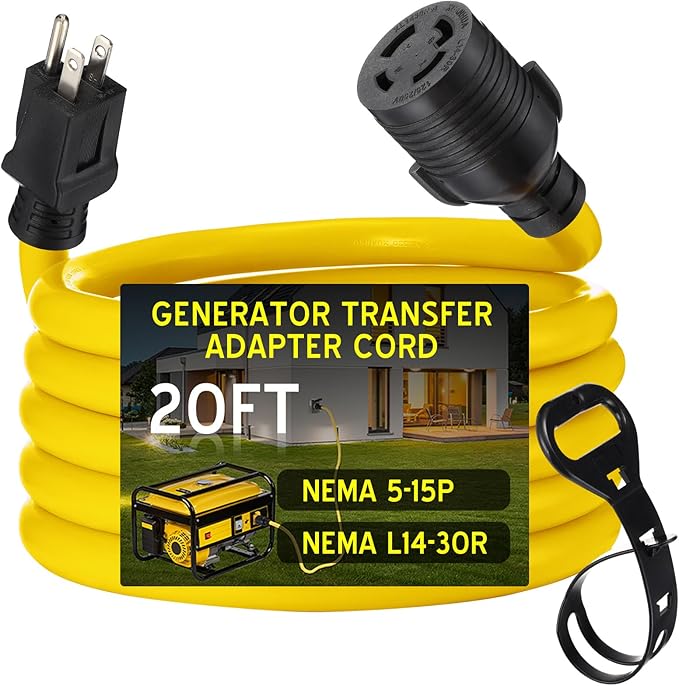 Tellegloww 20 FT 5-15P to L14-30R Adapter Cord Generator Transfer Switch Generator House Inlet Box Adapter 15Amp 3Prong 5-15 Male to 30Amp 4Prong L14-30 Locking Female 10 AWG ETL Listed