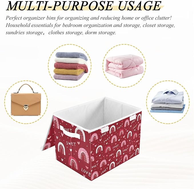 Valentine Hearts Rainbows Red Storage Box with Lid 1 PC Foldable Storage Bin with Lids Stackable Storage Bins Cube Closet Organizer Basket with Flip-Top Lid &amp Handles for Shoes Books Towels