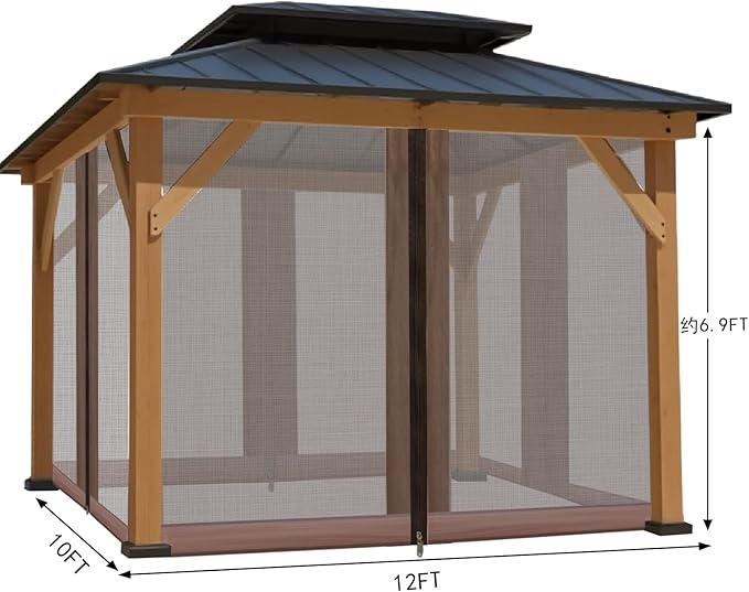 Gazebo Mosquito Netting Universal Replacement 4-Panel Sidewalls with Double Zippers for Patio Backyard Deck and Lawn 10x10 ft (Brown 10 * 12ft)