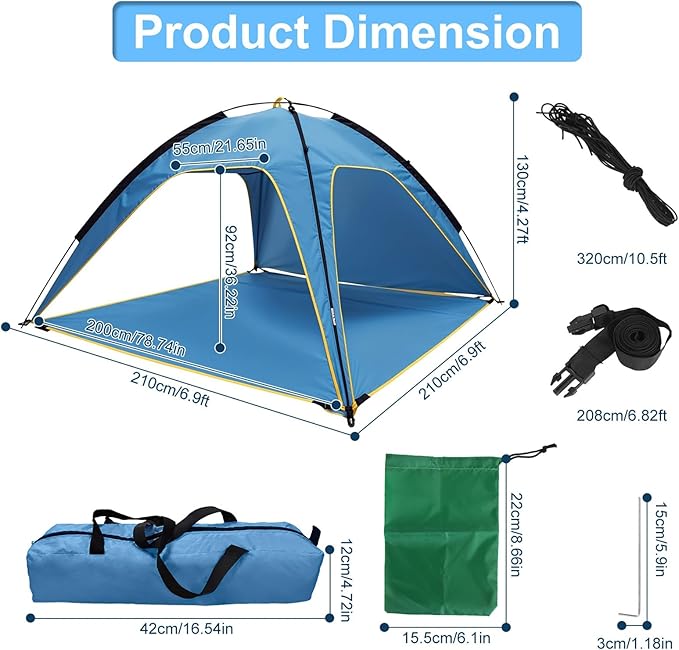 Beach Tent Sun Shelter for 4-6 Person Portable UPF 50+ UV Protection Sun Shade Shelter Easy Setup Waterproof Beach Shade Canopy with with Carrying Bag Lightweight Outdoor Tent