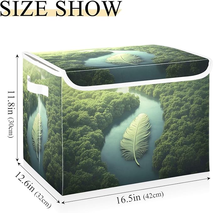 Storage Cube with Lid Huge Feather Print 16.5×12.6×11.8 IN Collapsible Large Capacity Foldable Storage Basket Bin Organizer
