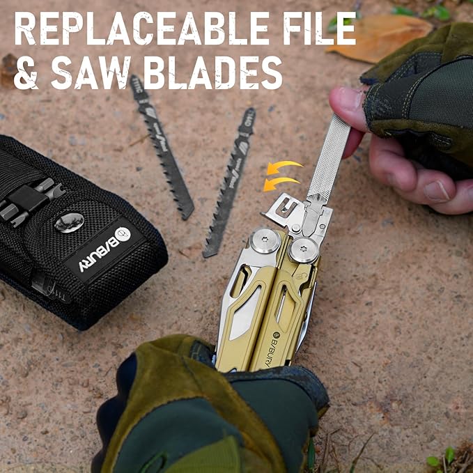 BIBURY Multitool Pliers Pro BI2045 Foldable Multitools with Replaceable Wire Cutters and Saw Stainless Steel Multi Tool w/Upgraded Scissors and Screwdriver Set Ideal for Camping Hiking Survival