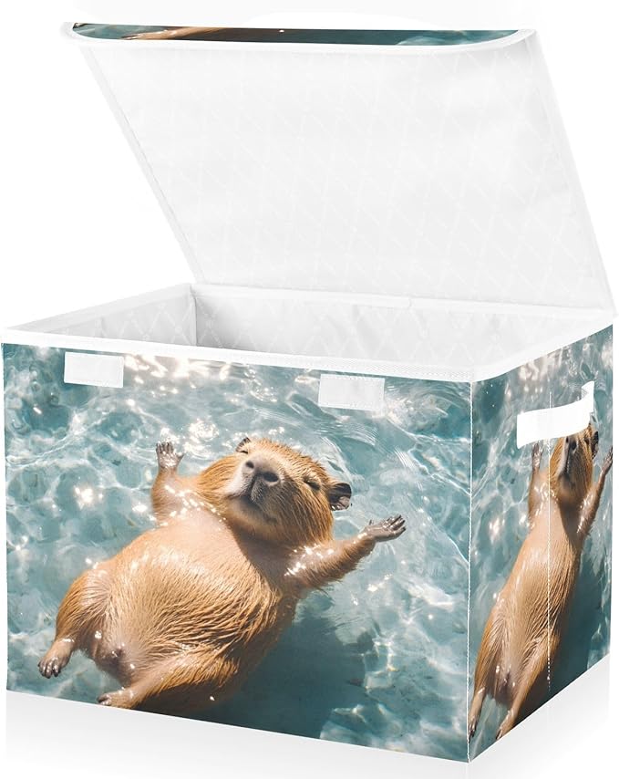AIXIWAWA Lidded Storage Cube (Floating Capybara) Fabric Foldable Closet Bins with Flip Lid and Handles Organizer Basket Container 16.5 x 12.6 x 11.8 IN
