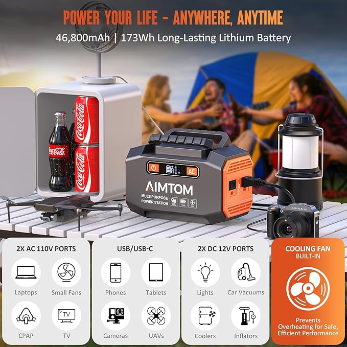 AIMTOM 200W Portable Power Station with 30W Solar Panel Bundle – 173Wh Lithium Battery 250W Peak AC USB-A USB-C and 12V DC Outputs High-Efficiency Solar Generator for Camping RV Emergency Backup