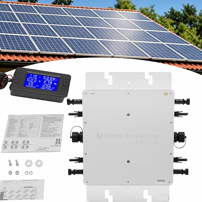 1200W Grid Tie Micro Inverter 110V Solar Panel Smart Inverter 32-bit DSP SPWM Control Six Protection Single-Phase Self-Cooling Micro Inverters w/Two Gaskets LCD Display