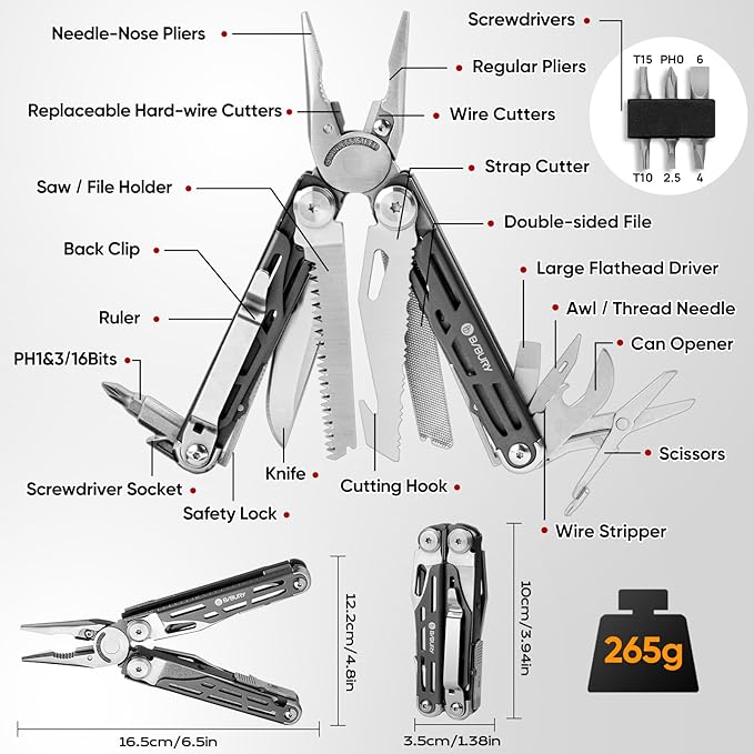 BIBURY Multitools BI2038C 22-in-1 Stainless Steel Pocket Knife with Scissors Foldable Self-locking EDC Multi tools Pliers with Sheath for Outdoor Hunting Survival Camping Simple Repair