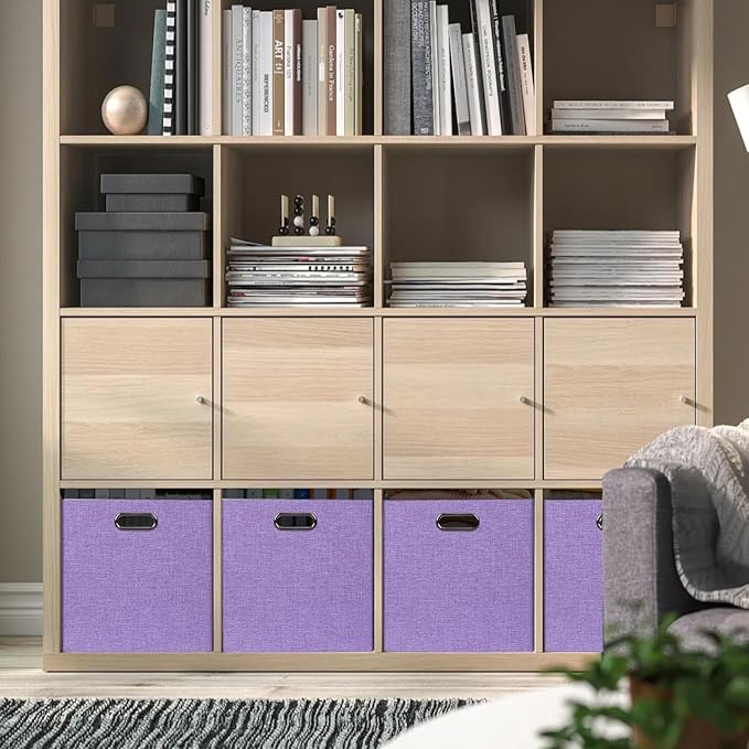 13x15x13 Storage Cube Bins Foldable Storage Cubes Fabric Organizer Basket Bin Solid Containers Decorative Storage Boxes for Shelves Wardrobe Closet Home Office 4 Pack Purple