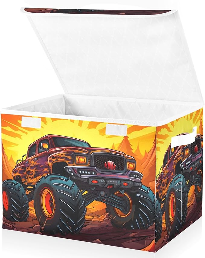 Vnurnrn Monster Truck Sports Storage Cube with Lid Collapsible Large Capacity Foldable Storage Basket Bin Organizer 16.5×12.6×11.8 IN