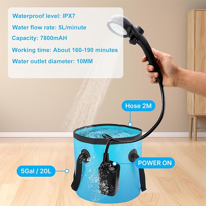 Portable Shower for Camping Shower 7800mAh Rechargeable Shower Pump Filtered Shower Head &amp 20L Foldable Bucket Outdoor Shower for Camping Hiking Washing Pet Bath