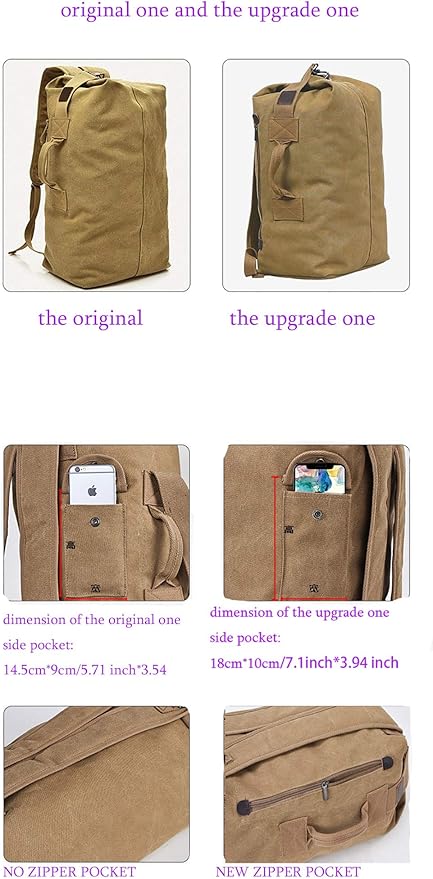 Military Duffel Bag Top Load Double Strap Canvas Backpack Army Travel (upgrade khaki small)