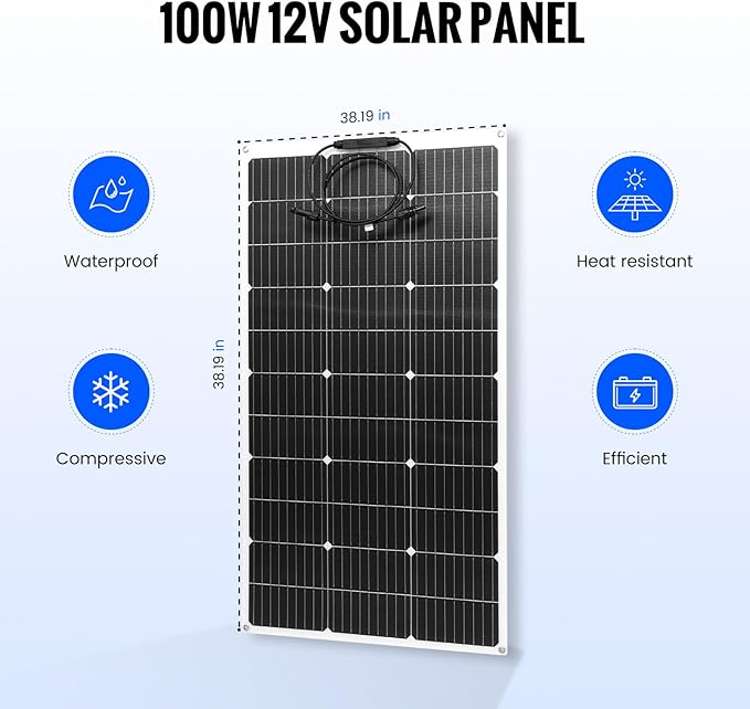 100W 12V Flexible Solar Panel High Efficiency PERC Monocrystalline Solar Panel Ultra-Thin Lightweight 4.19lbs IP67 Waterproof for RV Boat Camping Home Roof Balcony-White-2pack