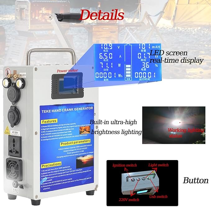 Outdoor Large Capacity Hand Crank Generator 220V/110V 200W/500W High Power Generator Emergency Lighting Tool for Outage/Field Exploration 81AH/500W