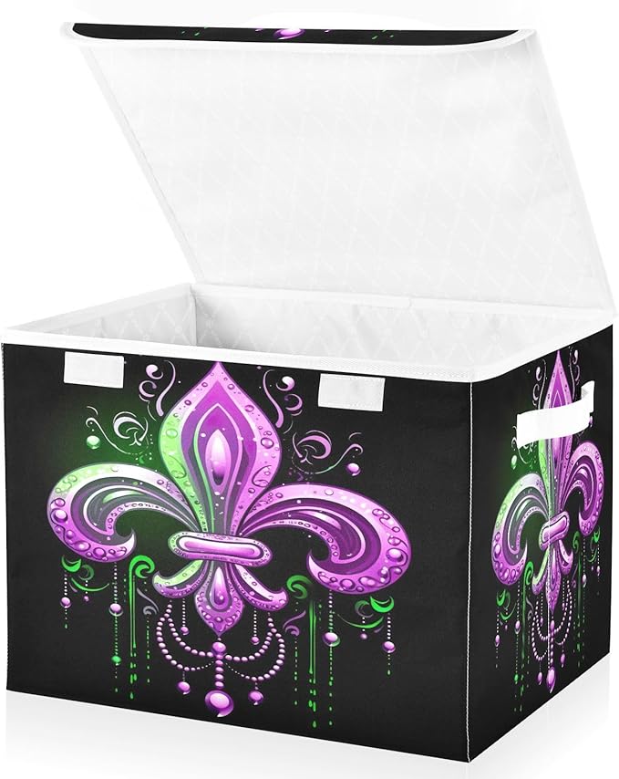 Storage Baskets with Lids Collapsible Bins Mardi Gras Stackable Fabric Linen Baskets Closet Organizer Container 16.5x12.6x11.8