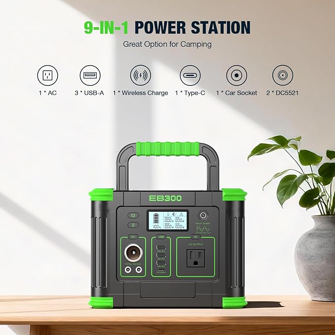 Portable Power Station 330W 288Wh Solar Generator with 60W USB-C PD Fast Charging Pure Sine Wave AC Outlet 5W Wireless Charger LED for Camping RV CPAP Home Emergency Backup Off-Grid Living